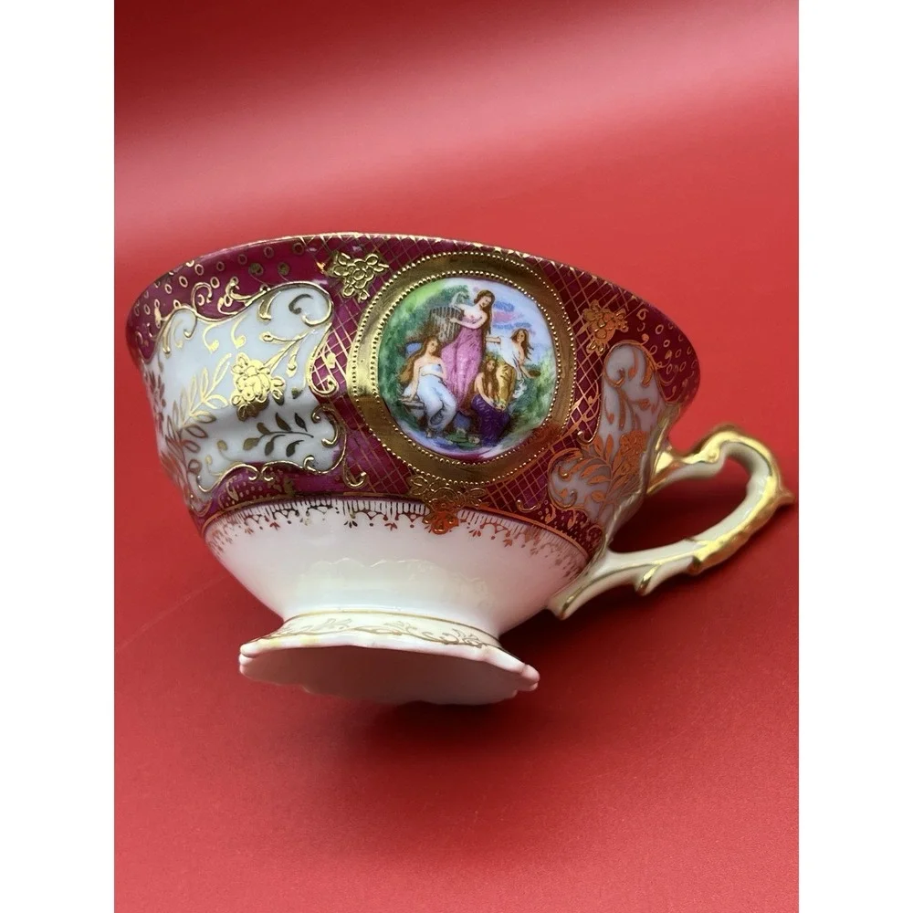 Hand Painted Chubu China Occupied Japan Porcelain Cup & Saucer Raised Gold Trim